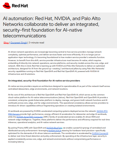Red Hat, NVIDIA, and Palo Alto Networks collaborate to deliver an integrated, security-first foundation for AI-native telecommunications